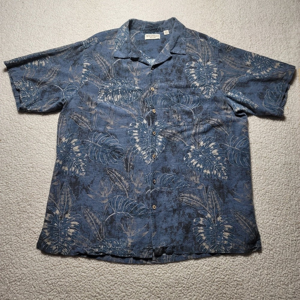 Caribbean Pure Silk Mens 2XT Blue Monstera Tropical Floral Camp Shirt Tall XL